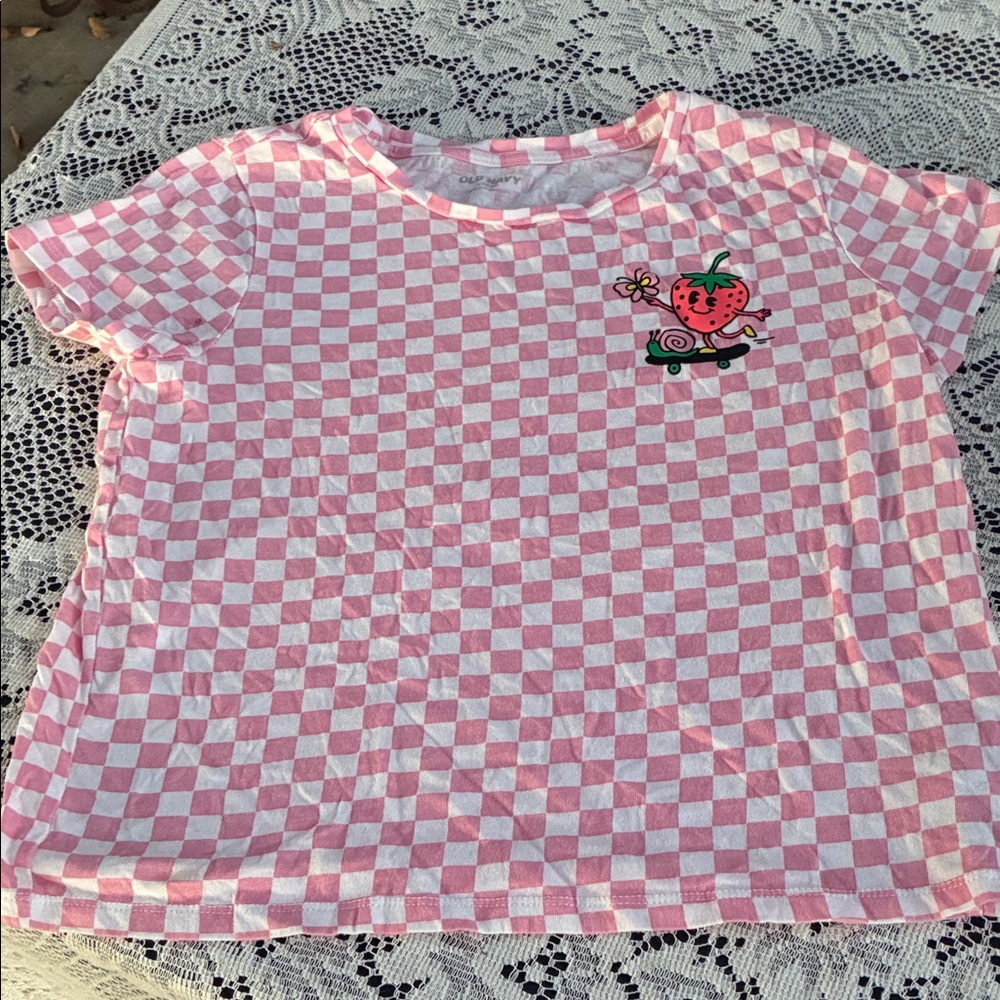 Old Navy Pink and White Checkerboard Strawberry Graphic Tee
